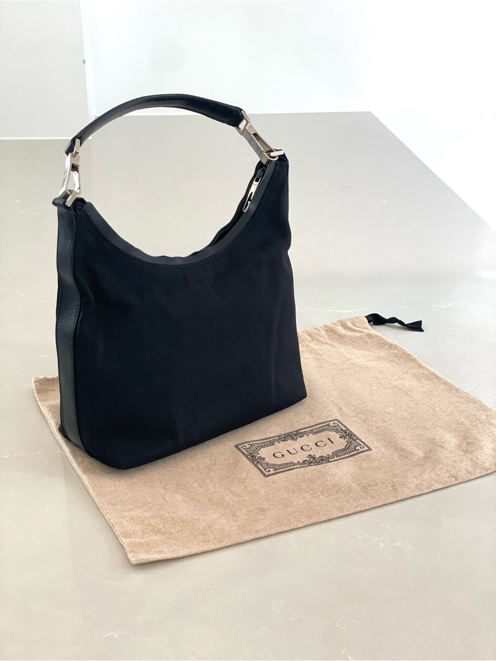 Authentic Gucci Black Nylon Shoulder Bag with Leather Trim
